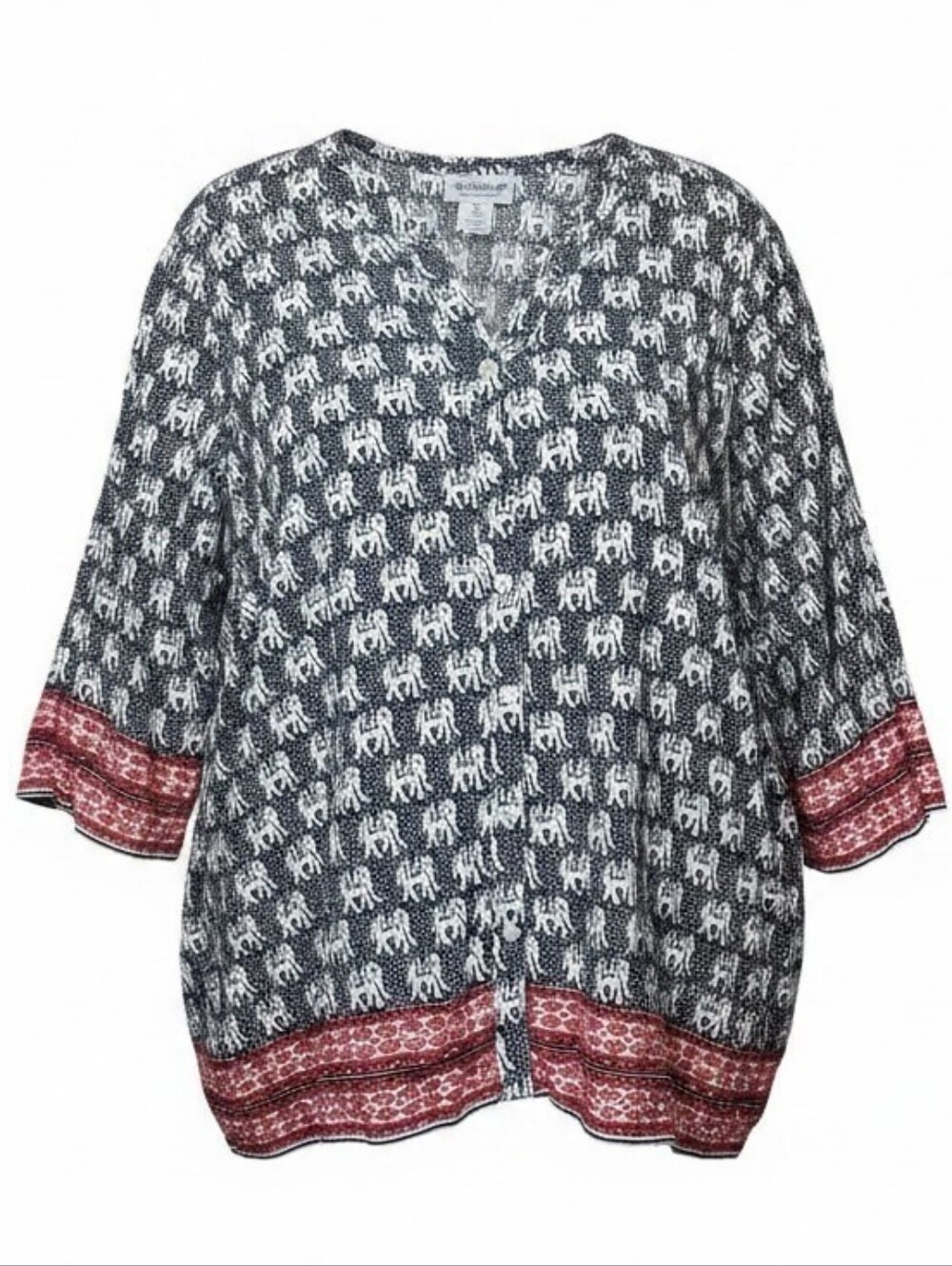 Boho Elephant Print Button-Front Women’s Top in Navy and Red